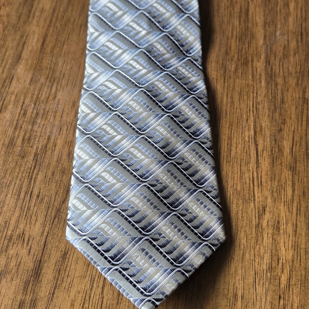 Siena Collezione Mens Silk Tie Silver Grey Geometric Basketweave XL Hand Made